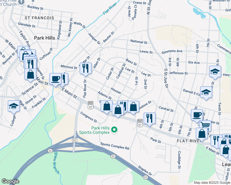 map of restaurants, bars, coffee shops, grocery stores, and more near 405 Houser in Park Hills