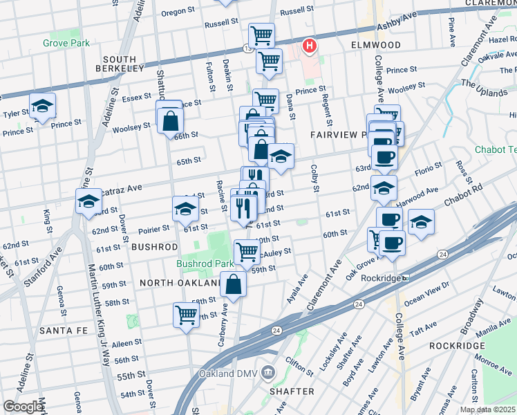 map of restaurants, bars, coffee shops, grocery stores, and more near 480 62nd Street in Oakland