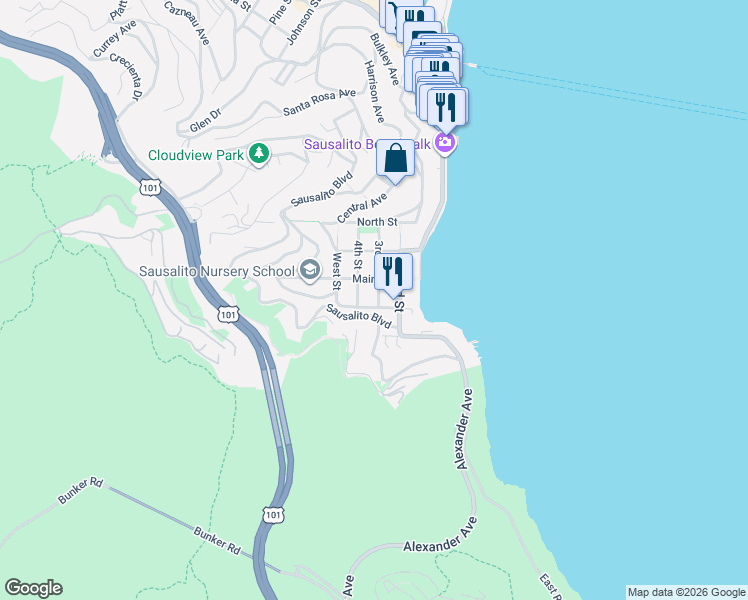 map of restaurants, bars, coffee shops, grocery stores, and more near 105 3rd Street in Sausalito