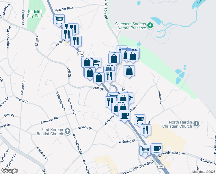 map of restaurants, bars, coffee shops, grocery stores, and more near 803 North Wilson Road in Radcliff