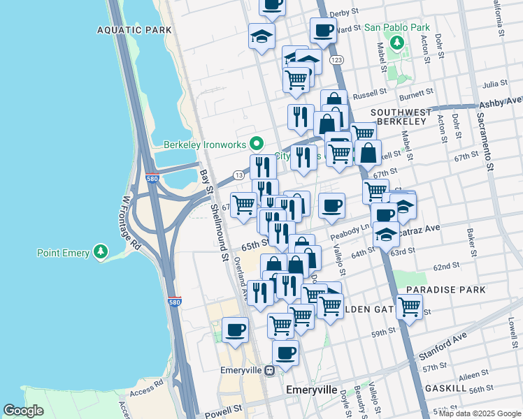 map of restaurants, bars, coffee shops, grocery stores, and more near 6613 Hollis St in Emeryville