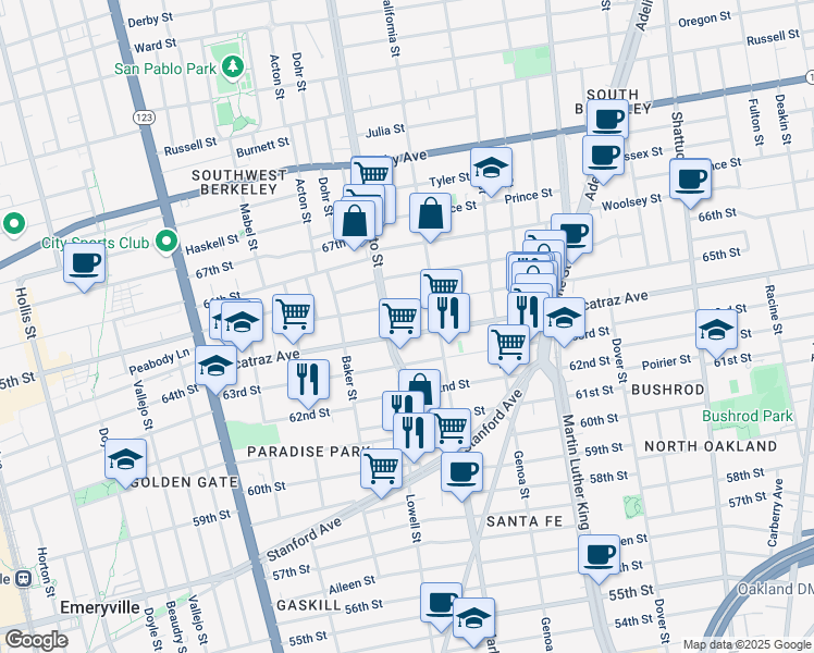 map of restaurants, bars, coffee shops, grocery stores, and more near 1517 Alcatraz Avenue in Berkeley