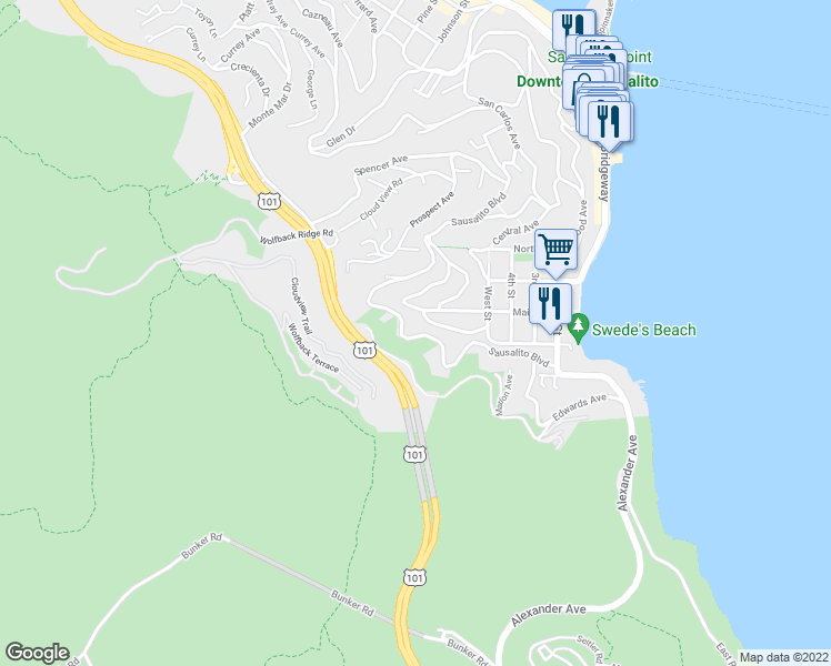 map of restaurants, bars, coffee shops, grocery stores, and more near 404 Sausalito Boulevard in Sausalito