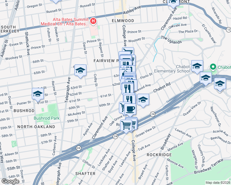 map of restaurants, bars, coffee shops, grocery stores, and more near 6108 Hillegass Avenue in Oakland