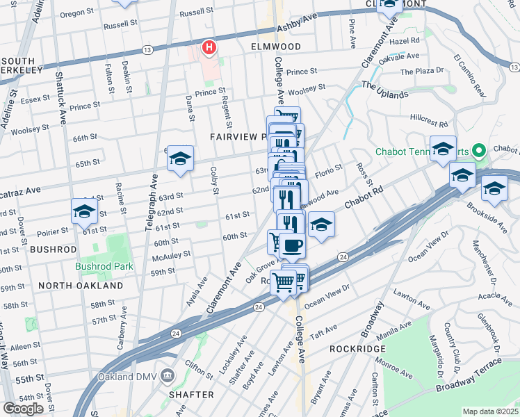 map of restaurants, bars, coffee shops, grocery stores, and more near 6108 Hillegass Avenue in Oakland