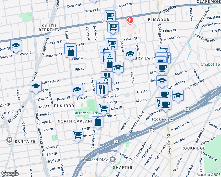 map of restaurants, bars, coffee shops, grocery stores, and more near 6209 Canning Street in Oakland