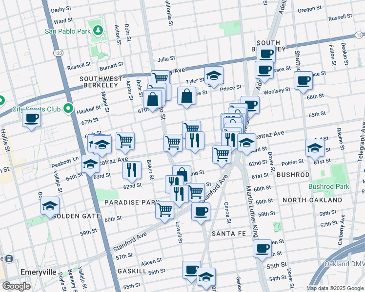 map of restaurants, bars, coffee shops, grocery stores, and more near 1529 Alcatraz Avenue in Berkeley