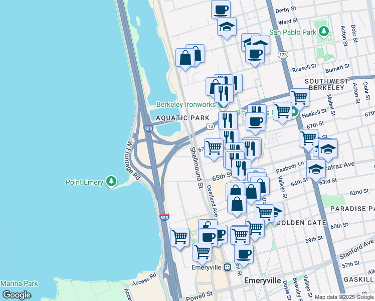 map of restaurants, bars, coffee shops, grocery stores, and more near 6701 Shellmound Street in Emeryville