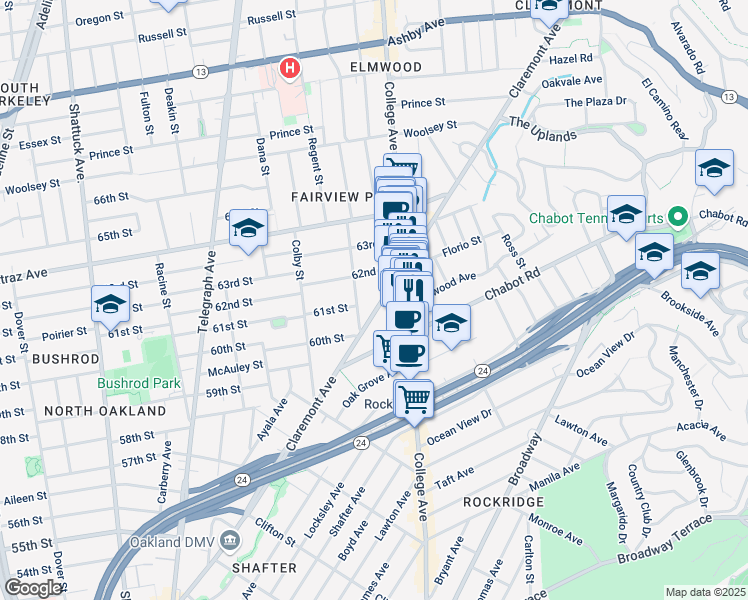 map of restaurants, bars, coffee shops, grocery stores, and more near 6046 Claremont Avenue in Oakland