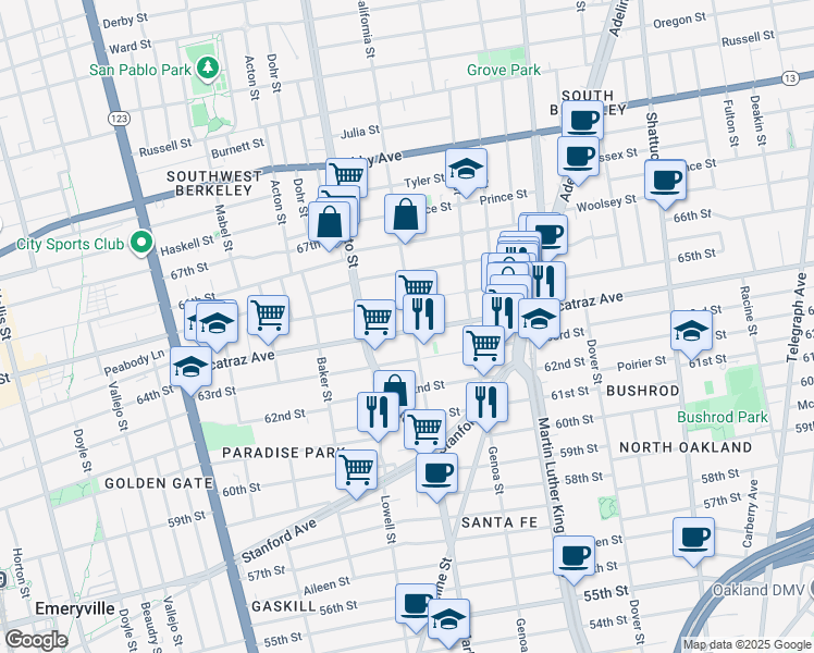 map of restaurants, bars, coffee shops, grocery stores, and more near 1600 Alcatraz Avenue in Berkeley