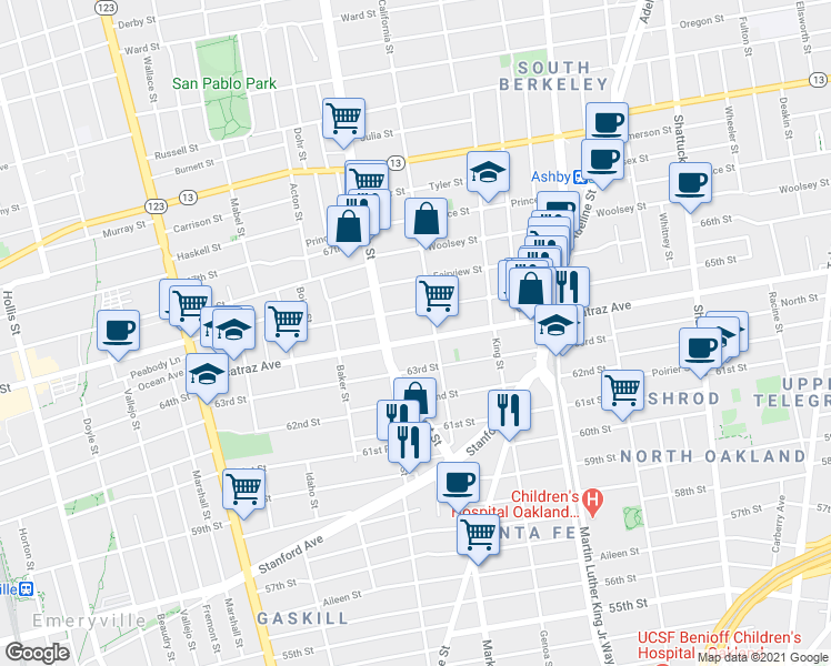 map of restaurants, bars, coffee shops, grocery stores, and more near 1517 Alcatraz Avenue in Berkeley
