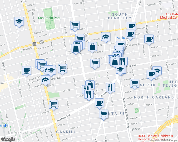 map of restaurants, bars, coffee shops, grocery stores, and more near in Berkeley