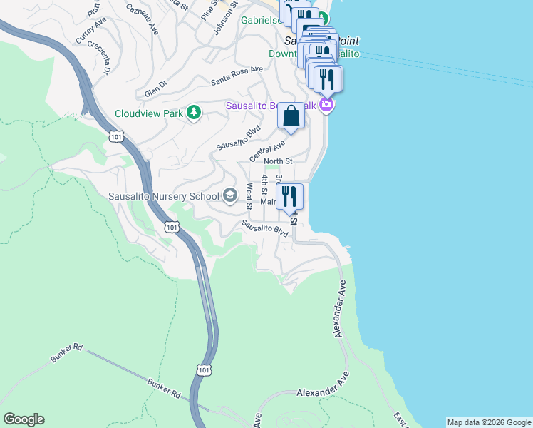 map of restaurants, bars, coffee shops, grocery stores, and more near 104 4th Street in Sausalito