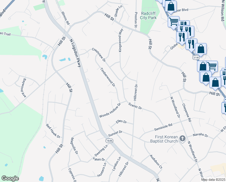 map of restaurants, bars, coffee shops, grocery stores, and more near 1031 Ryan Court in Radcliff