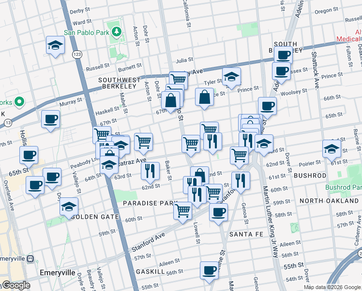 map of restaurants, bars, coffee shops, grocery stores, and more near 3240 Sacramento Street in Berkeley