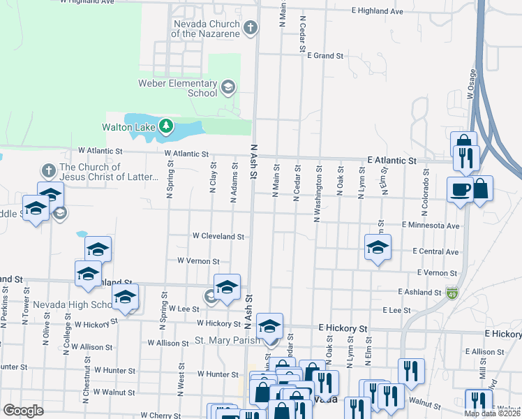 map of restaurants, bars, coffee shops, grocery stores, and more near 219 West Garfield Street in Nevada