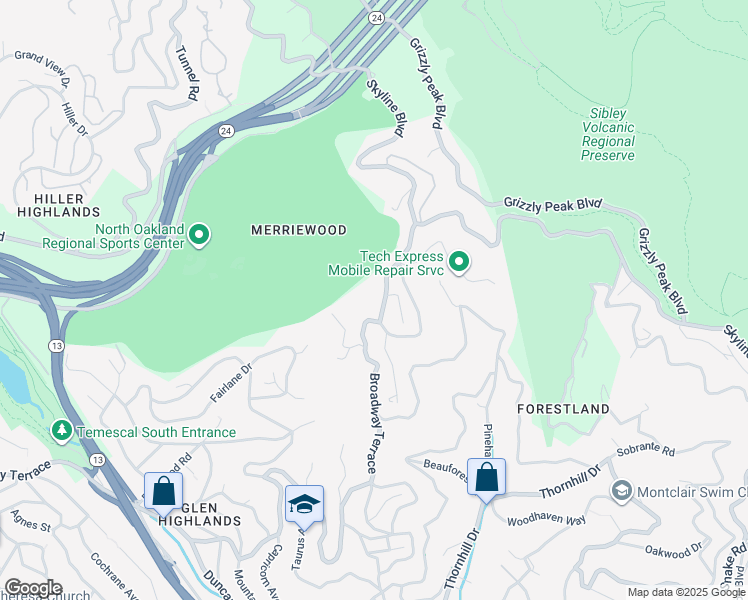 map of restaurants, bars, coffee shops, grocery stores, and more near 17032 Broadway Terrace in Oakland