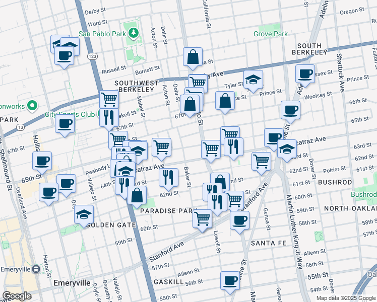map of restaurants, bars, coffee shops, grocery stores, and more near 1335 Alcatraz Avenue in Berkeley