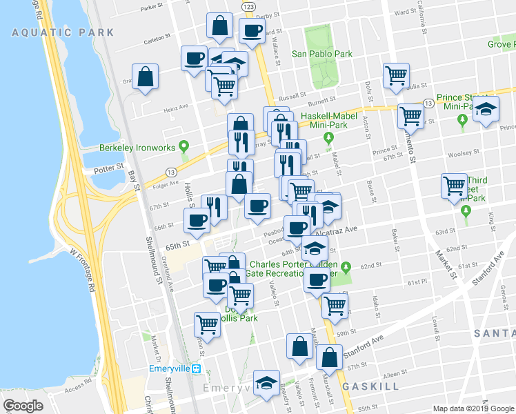 map of restaurants, bars, coffee shops, grocery stores, and more near 1201 66th Street in Emeryville
