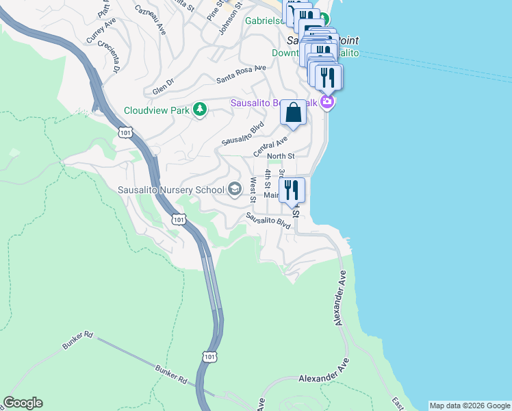 map of restaurants, bars, coffee shops, grocery stores, and more near 112 West Street in Sausalito
