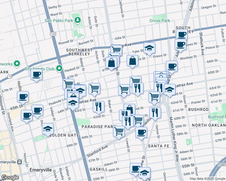 map of restaurants, bars, coffee shops, grocery stores, and more near 1418 Harmon Street in Berkeley