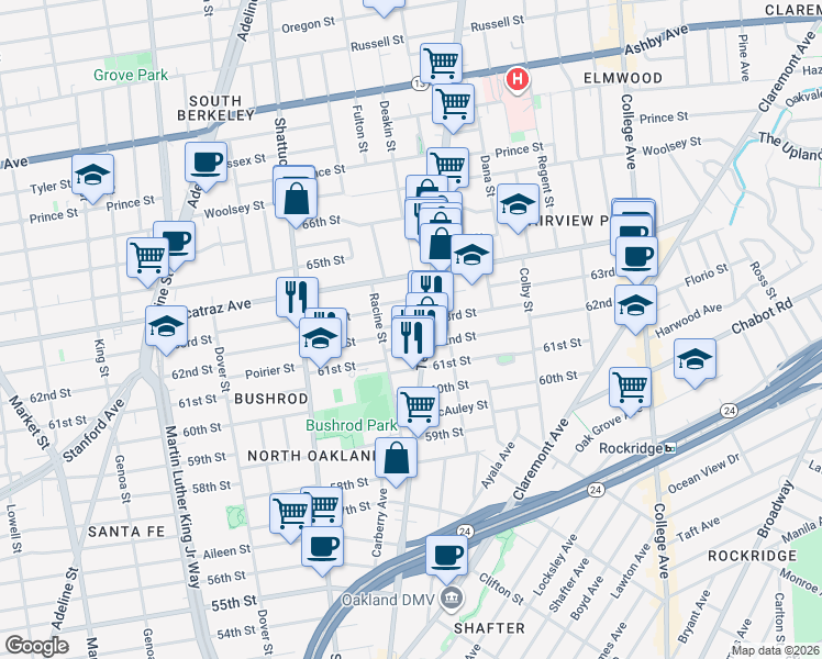 map of restaurants, bars, coffee shops, grocery stores, and more near 515 63rd Street in Oakland