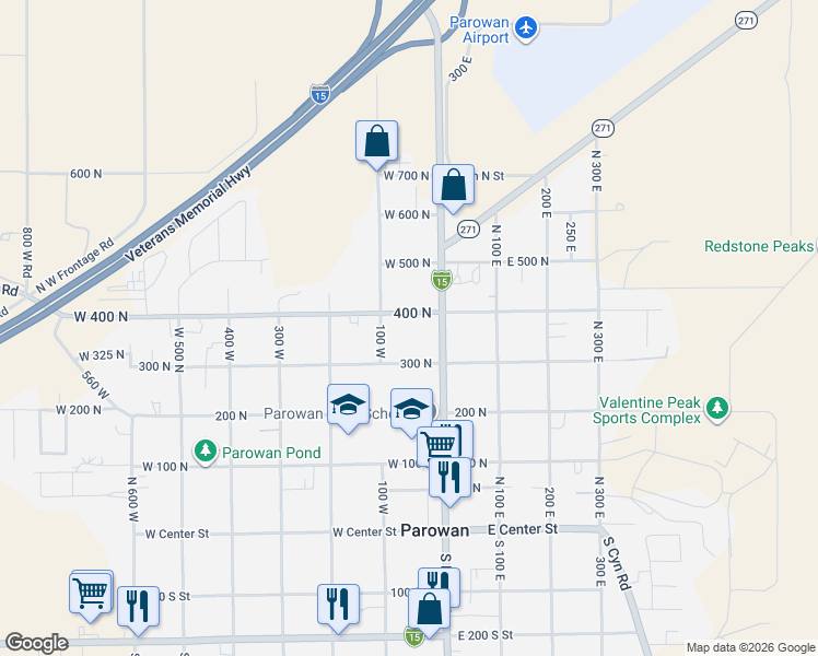 map of restaurants, bars, coffee shops, grocery stores, and more near 47 West 400 North in Parowan