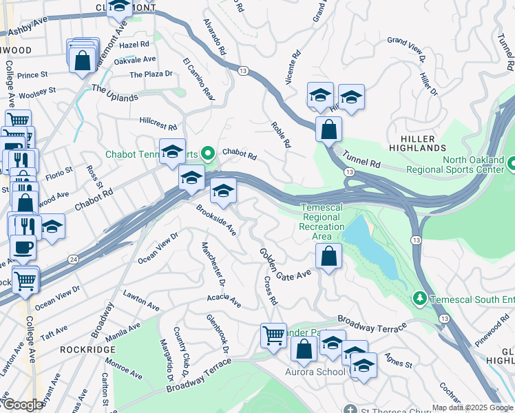 map of restaurants, bars, coffee shops, grocery stores, and more near 5630 Golden Gate Avenue in Oakland