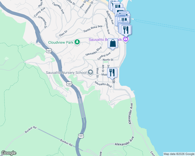 map of restaurants, bars, coffee shops, grocery stores, and more near 308 Sausalito Boulevard in Sausalito