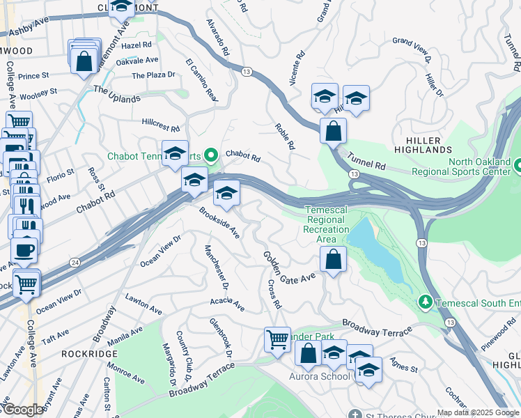 map of restaurants, bars, coffee shops, grocery stores, and more near 5630 Golden Gate Avenue in Oakland