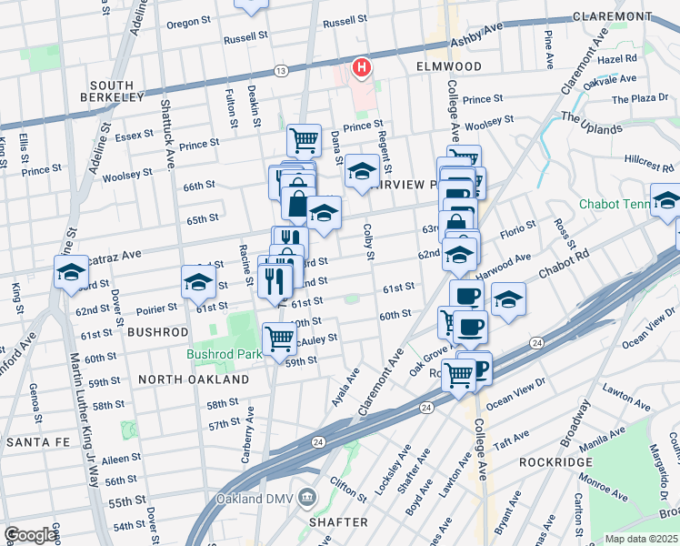 map of restaurants, bars, coffee shops, grocery stores, and more near 416 61st Street in Oakland