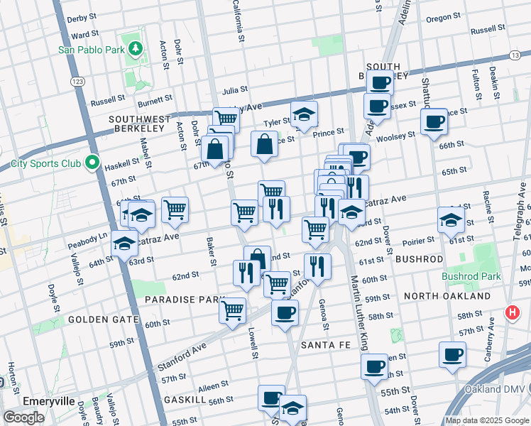 map of restaurants, bars, coffee shops, grocery stores, and more near 1600 Alcatraz Avenue in Berkeley