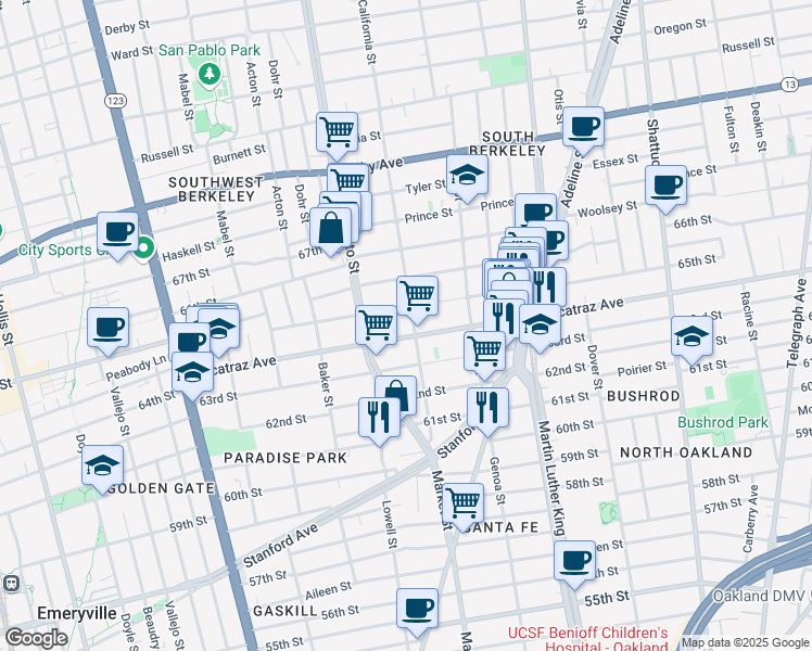 map of restaurants, bars, coffee shops, grocery stores, and more near 1600 Alcatraz Avenue in Berkeley