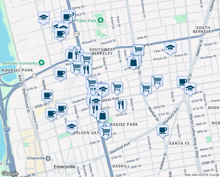 map of restaurants, bars, coffee shops, grocery stores, and more near 6438 Herzog Street in Oakland