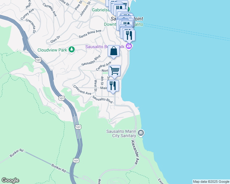map of restaurants, bars, coffee shops, grocery stores, and more near 51 2nd Street in Sausalito