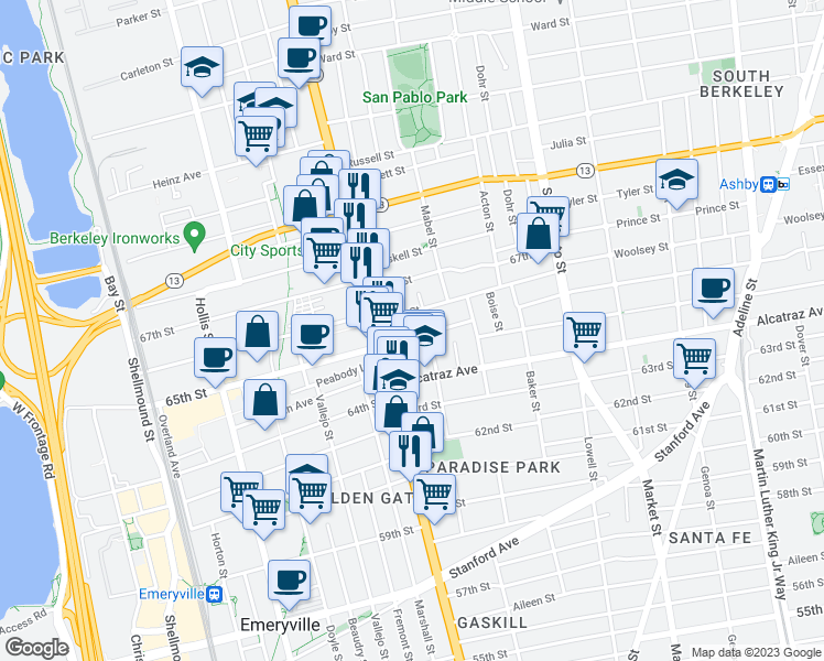 map of restaurants, bars, coffee shops, grocery stores, and more near 1082 65th Street in Oakland