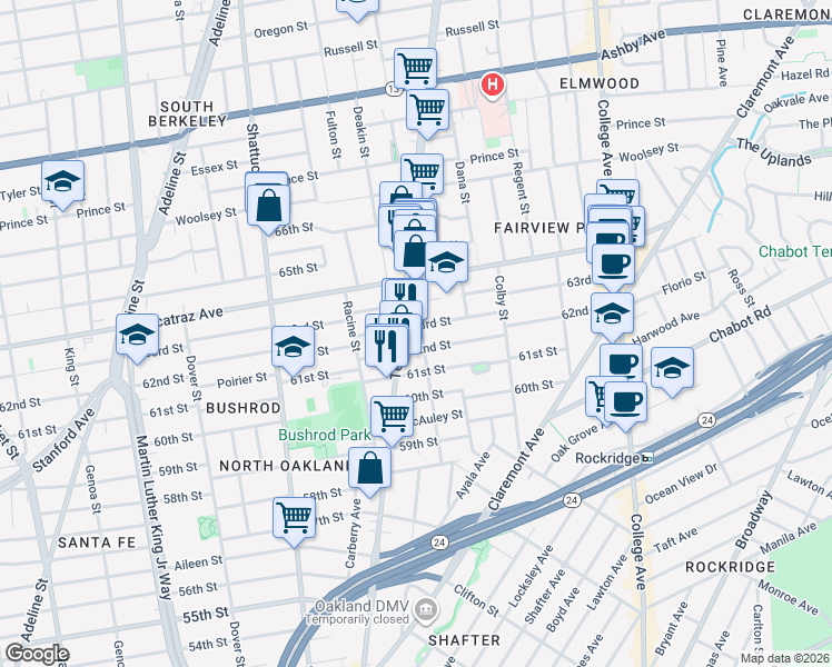 map of restaurants, bars, coffee shops, grocery stores, and more near 493 62nd Street in Oakland