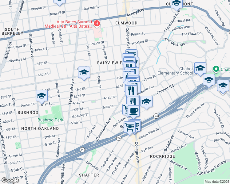 map of restaurants, bars, coffee shops, grocery stores, and more near 6127 Hillegass Avenue in Oakland