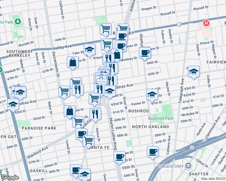map of restaurants, bars, coffee shops, grocery stores, and more near 1826 Alcatraz Avenue in Berkeley