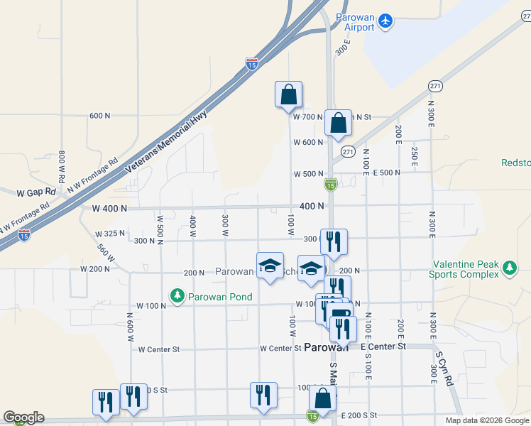 map of restaurants, bars, coffee shops, grocery stores, and more near 390 North 200 East in Parowan
