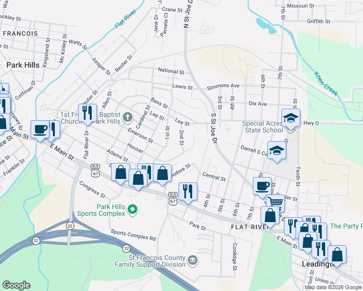 map of restaurants, bars, coffee shops, grocery stores, and more near 619 Houser in Park Hills