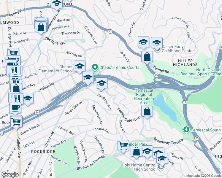 map of restaurants, bars, coffee shops, grocery stores, and more near 5630 Golden Gate Avenue in Oakland