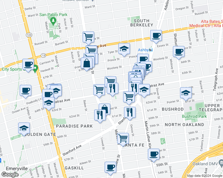 map of restaurants, bars, coffee shops, grocery stores, and more near 1600 Alcatraz Avenue in Berkeley