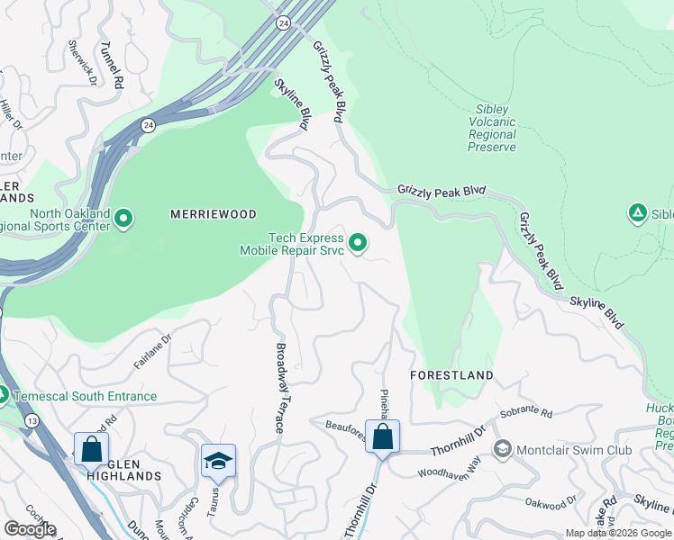 map of restaurants, bars, coffee shops, grocery stores, and more near 6851 The Turn in Oakland