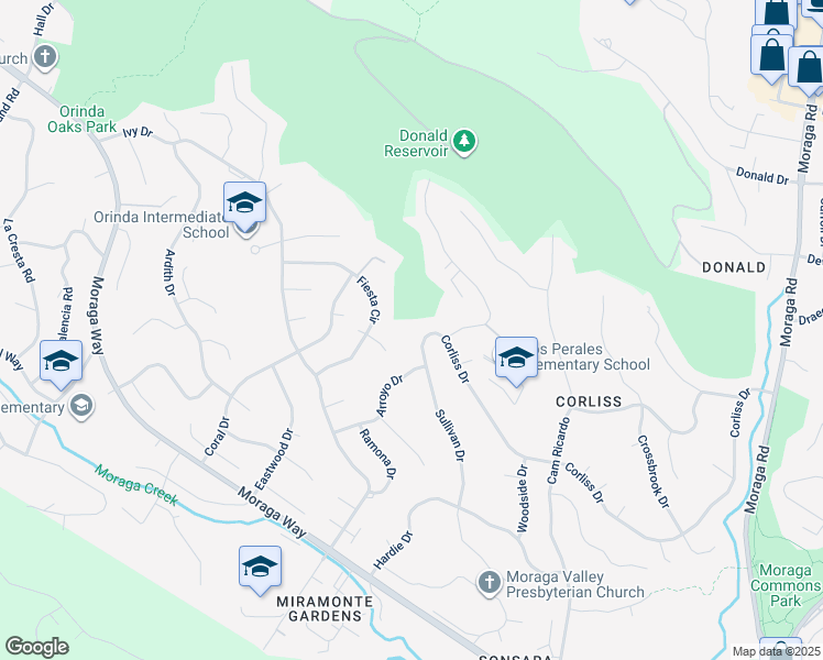 map of restaurants, bars, coffee shops, grocery stores, and more near 24 Sullivan Drive in Moraga