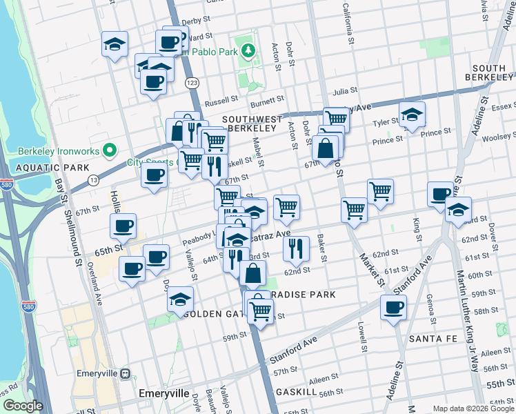 map of restaurants, bars, coffee shops, grocery stores, and more near 6438 Herzog Street in Oakland