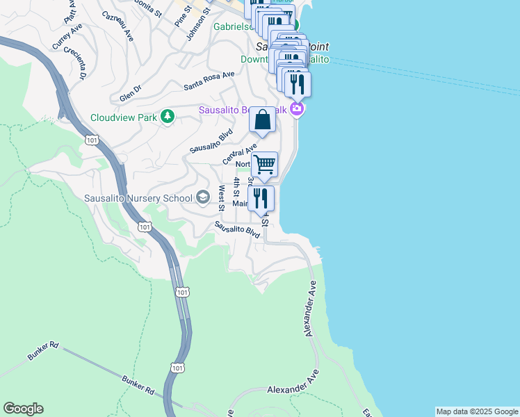 map of restaurants, bars, coffee shops, grocery stores, and more near 123 2nd Street in Sausalito