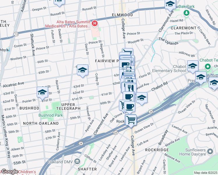map of restaurants, bars, coffee shops, grocery stores, and more near 355 61st Street in Oakland