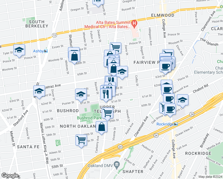 map of restaurants, bars, coffee shops, grocery stores, and more near 493 62nd Street in Oakland