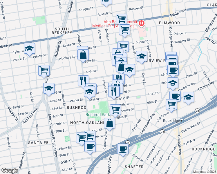 map of restaurants, bars, coffee shops, grocery stores, and more near 526 62nd Street in Oakland
